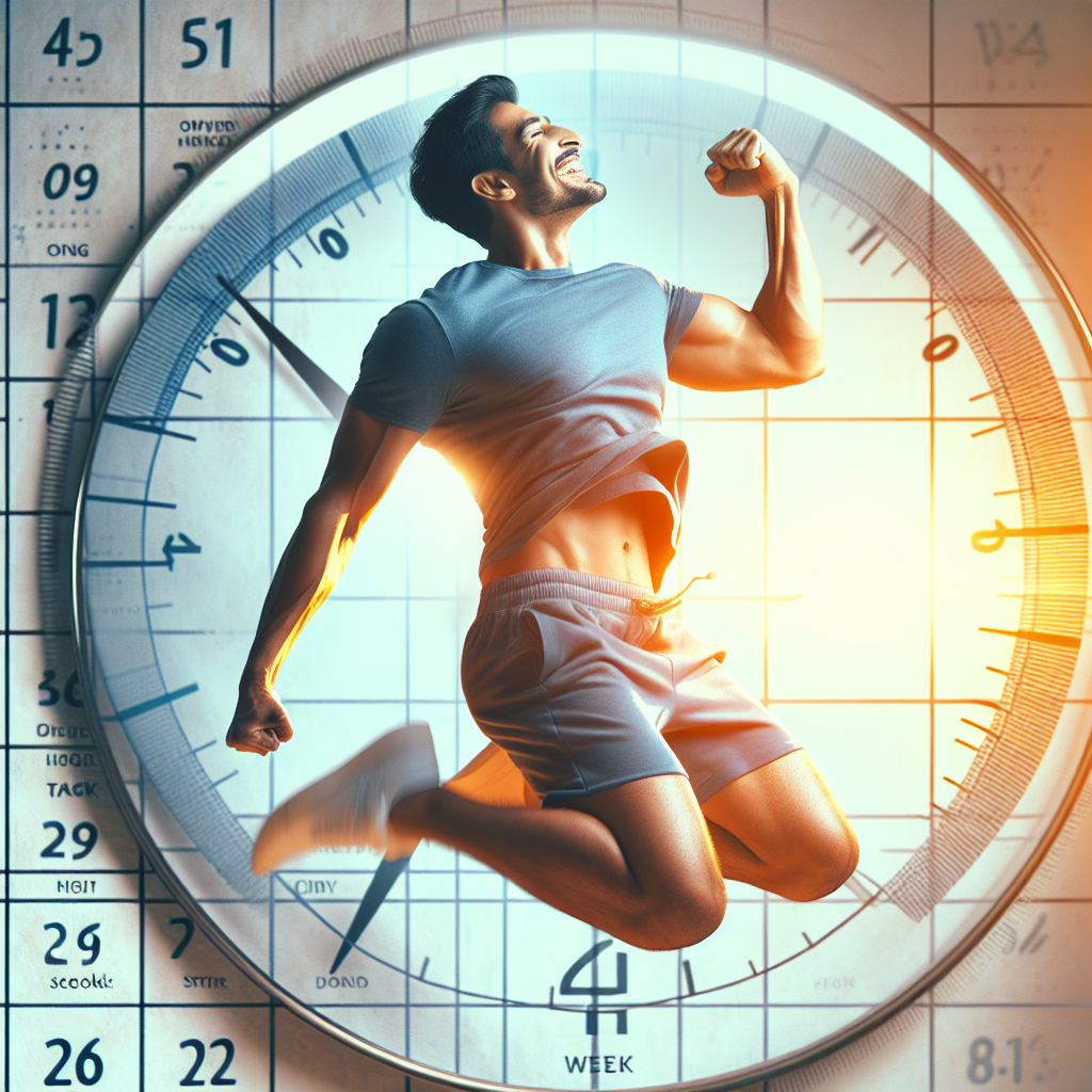 A vibrant image of a person looking energetic and confident, visibly feeling lighter, perhaps doing a celebratory jump or stretch. In the background, a subtly visible calendar with a highlighted week or a clock hand symbolizing a short timeframe like 'one week' is present. The overall mood is positive, healthy, and motivating, with bright, natural lighting. Studio photography style.
