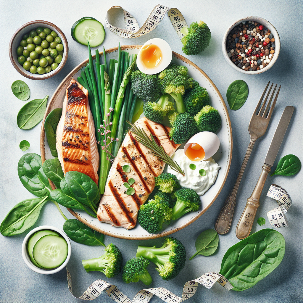 A beautifully composed flat lay image of a healthy, protein-rich meal on a plate, featuring grilled chicken breast or fish, abundant fresh green vegetables like broccoli or spinach, and a small portion of quark or eggs. A measuring tape is subtly draped nearby, hinting at weight loss. The colors are fresh and appetizing, emphasizing wholesome eating. Bright, professional food photography.