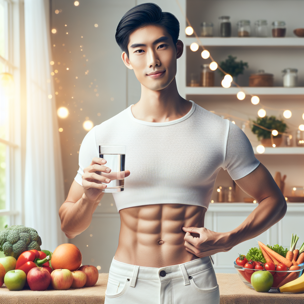 A serene and empowered individual, holding a glass of refreshing water, with a visibly flatter and more comfortable midsection. The background shows healthy, simple food ingredients (like fruits or vegetables) and a clean, minimalist setting, symbolizing a quick reduction in bloating and feeling refreshed.