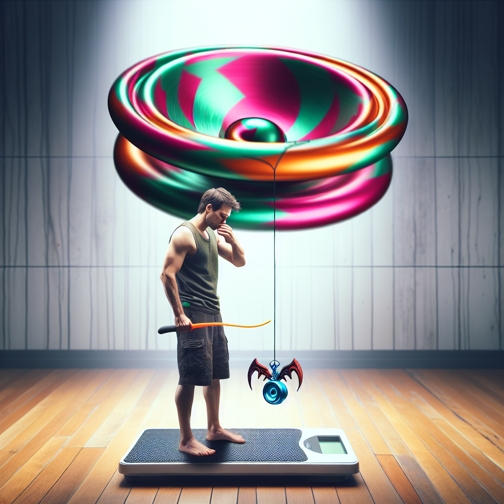 A conceptual image illustrating the 'Jojo effect': A frustrated person is standing on a bathroom scale, looking down. Above them, a large, colorful yo-yo toy is depicted, with its string visually connected to the person's fluctuating weight, showing an upward and downward motion. The background is slightly blurred, focusing on the person and the yo-yo. Realistic photo, dramatic lighting, capturing a sense of struggle.