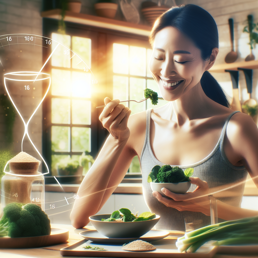 A calm and healthy person in a modern, sunlit kitchen, enjoying a balanced, nutritious meal. A subtle graphic overlay or a clock in the background indicates time-restricted eating (e.g., '16:8' or an hourglass), symbolizing intermittent fasting. The overall mood is one of peace, control, and sustainable well-being, suggesting a successful approach to long-term health. Realistic photo, warm lighting, vibrant colors.