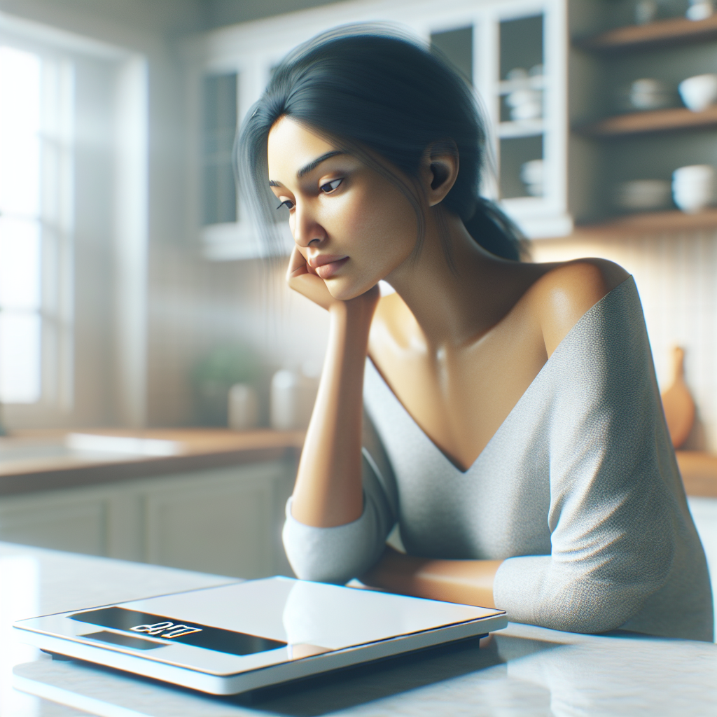 A person, looking thoughtfully and a bit frustrated at a digital bathroom scale that displays the same unchanging number. The scene is in a bright, modern kitchen, with a clean and slightly minimalist aesthetic. Soft, natural lighting creates an empathetic and contemplative mood. Realistic, high-quality photograph.