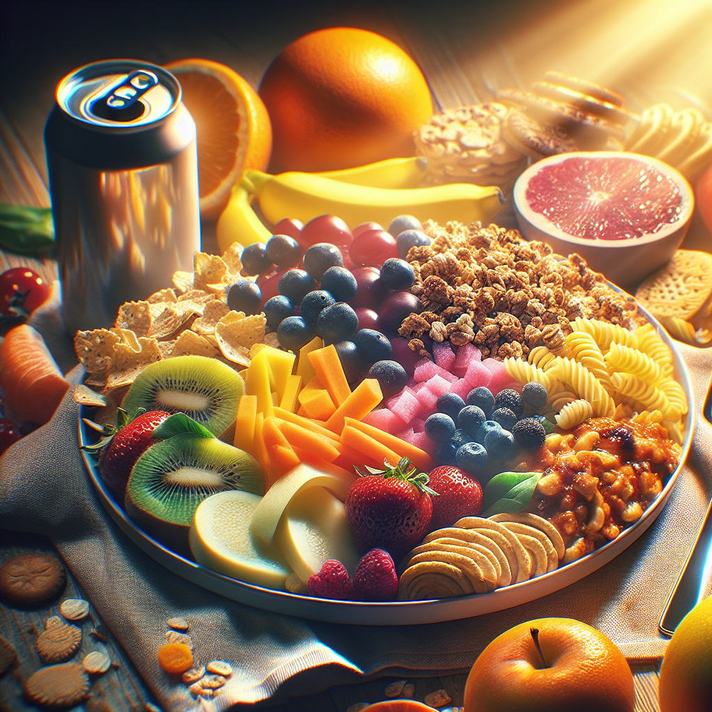 A vibrant, visually appealing plate of food during an intermittent fasting eating window, featuring a seemingly healthy but large portion (e.g., a big bowl of granola with fruits, or a generous portion of a 'healthy' pasta dish). In the soft-focused background, subtle hints of less healthy choices like a half-empty soda can or a package of cookies are visible, suggesting hidden calorie pitfalls. Bright, inviting food photography style with a narrative hint.