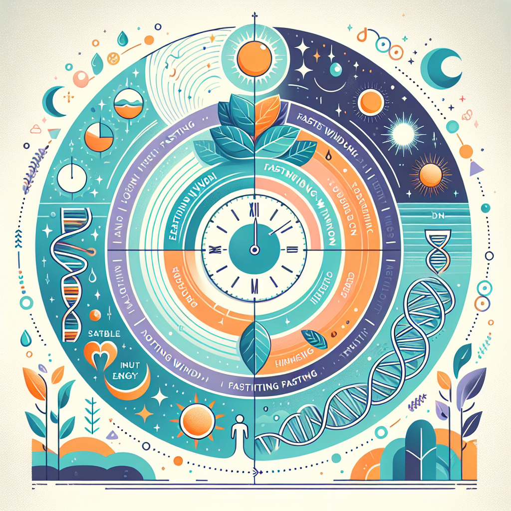 A conceptual image illustrating the cyclical nature of intermittent fasting, focused on stable health and internal energy rather than weight change. A stylized clock or a circular infographic element is central, subtly divided into 'eating window' and 'fasting window' sections (e.g., differentiated by soft colors or minimalist sun/moon icons). From the center of this cycle, or gently surrounding it, emerge abstract symbols of consistent vitality and health: a gentle, vibrant glow, a thriving green leaf, or a DNA-like double helix suggesting cellular balance. No human figures. The overall palette is fresh and invigorating, emphasizing ongoing well-being and energy maintenance. Clean lines, minimalist, conceptual.
