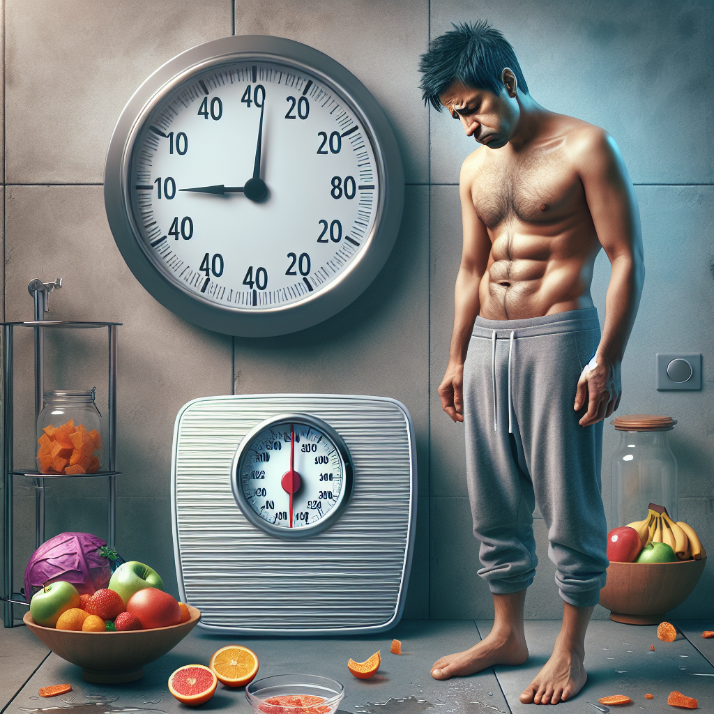 A person, visibly frustrated and deflated, stands next to a bathroom scale showing an unchanged number. Subtle elements of intermittent fasting are in the background, such as a large clock with a segmented dial or an empty plate next to a vibrant but untouched fruit bowl, symbolizing effort without reward. The atmosphere is one of disappointment and lack of progress. Realistic, high-quality photograph suitable for a blog article.