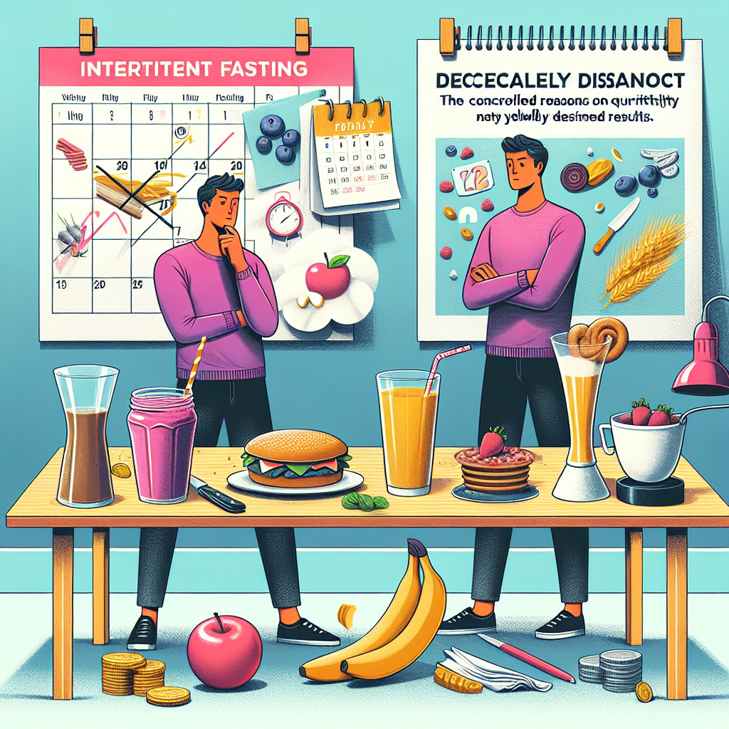 A conceptual image showing a person looking thoughtfully at a collection of items on a table: a 'healthy' smoothie that's secretly high in calories, a large portion of food that appears normal, and a calendar with an intermittent fasting schedule. The person is trying to understand the disconnect. The composition should subtly convey the idea of hidden reasons why intermittent fasting might not work, with an emphasis on quality over quantity. Bright, clear, slightly illustrative style, suitable for a blog article.
