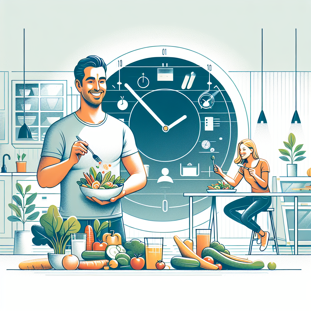 A vibrant and clear illustration depicting the concept of 'Intermittent Fasting' and 'Sustainable Weight Loss'. Show a diverse, happy person confidently preparing or enjoying a healthy, balanced meal within a bright, modern kitchen or dining area. Subtly incorporate a clock or calendar icon in the background to hint at an 'eating window' versus a 'fasting window'. The overall mood should be energetic, serene, and symbolize a non-restrictive, lifestyle-oriented approach to wellness, free from constant hunger. Soft, natural lighting and clean lines.