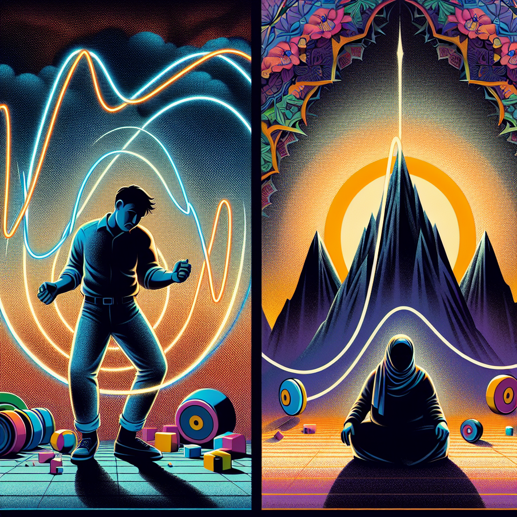 A split visual metaphor contrasting the 'Yo-Yo Effect' with 'Sustainable Weight Loss' achieved through intermittent fasting. On one side, show a stylized, chaotic line fluctuating sharply up and down, resembling a yo-yo, possibly with a frustrated silhouette of a person in the background. On the other side, depict a smooth, consistent, gentle downward sloping path or line, leading to a confident, healthy, and happy silhouette of a person. The 'sustainable' side should use bright, hopeful colors and a sense of calm, while the 'yo-yo' side should convey instability and stress. Use a clean, modern illustration style.