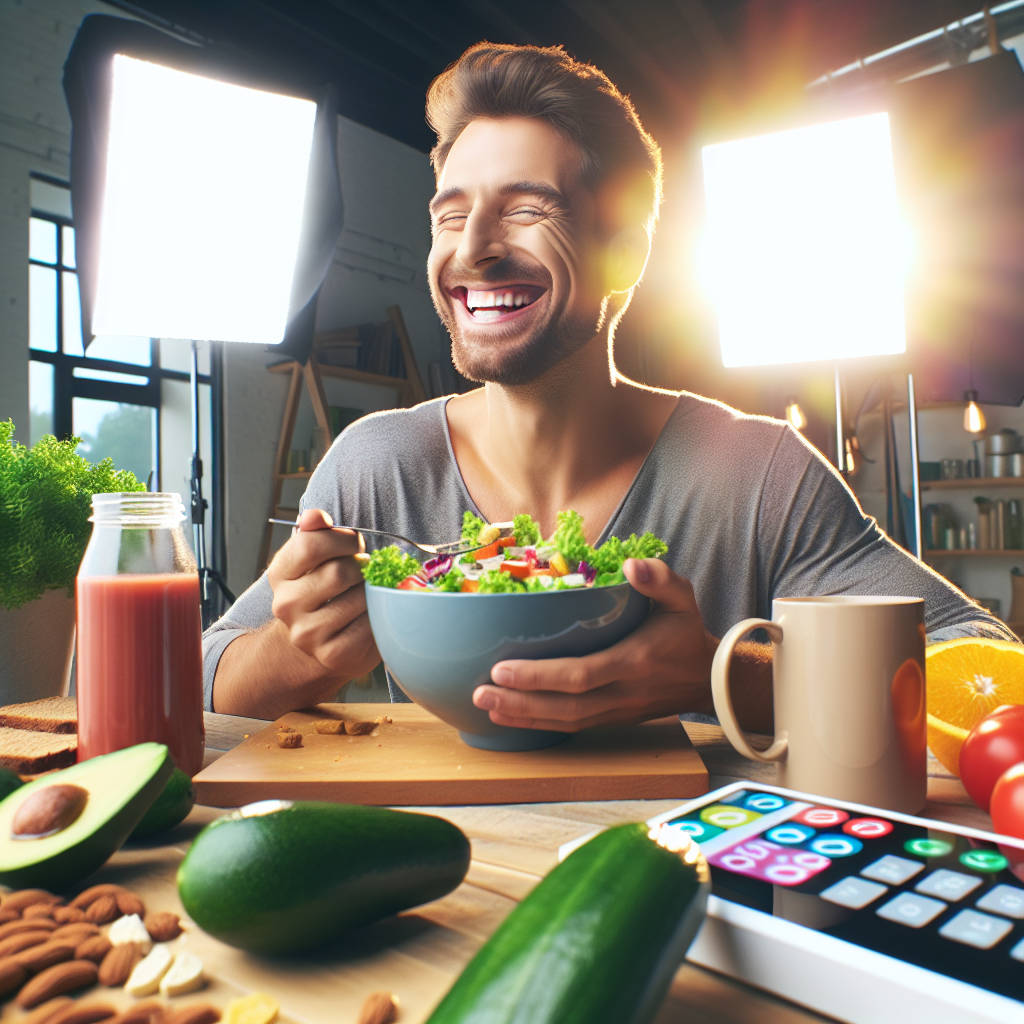 A relaxed and happy person enjoying a vibrant, healthy meal (e.g., a colorful salad bowl or a plate of fresh whole foods) with a big smile, clearly free from stress. There are absolutely no calorie counters, nutrition apps, scales, or measuring tools visible on the table or in the background. The atmosphere is bright, positive, and emphasizes the joy of eating without tracking. Studio lighting, high resolution.
