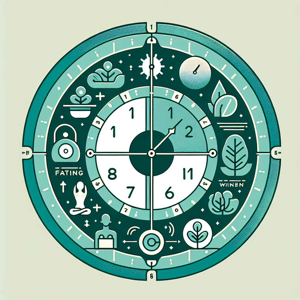A minimalist graphic illustration depicting the concept of intermittent fasting integrated into a modern daily routine. A stylized clock or timeline is central, clearly showing distinct 'eating window' and 'fasting window' segments (e.g., an 8-hour green segment and a 16-hour blue segment). Subtle abstract elements representing wellness and daily life (like a silhouette of a person exercising, a plant, or a simple healthy food item) are seamlessly intertwined with the time segments. Clean lines, soft, harmonious colors, conceptual art style.