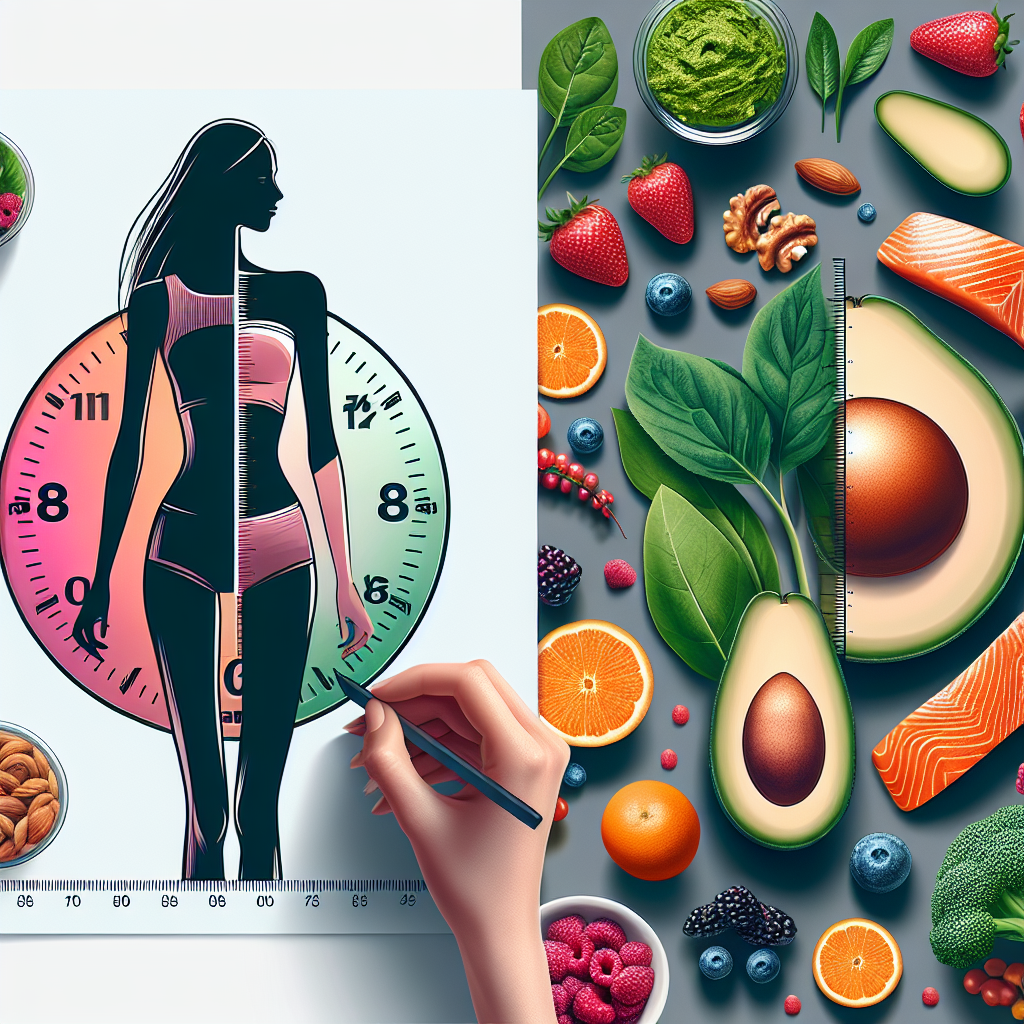 A bright, clean editorial illustration. On one side, a subtle clock graphic indicating an intermittent fasting window (e.g., 16:8). On the other side, an appealing arrangement of fresh, colorful low-carb foods like avocado, salmon, berries, leafy greens, and nuts. In the background, a silhouette or faint outline of a person looking healthy, confident, and energetic, symbolizing well-being and weight loss. Modern, minimalist style, bright lighting.