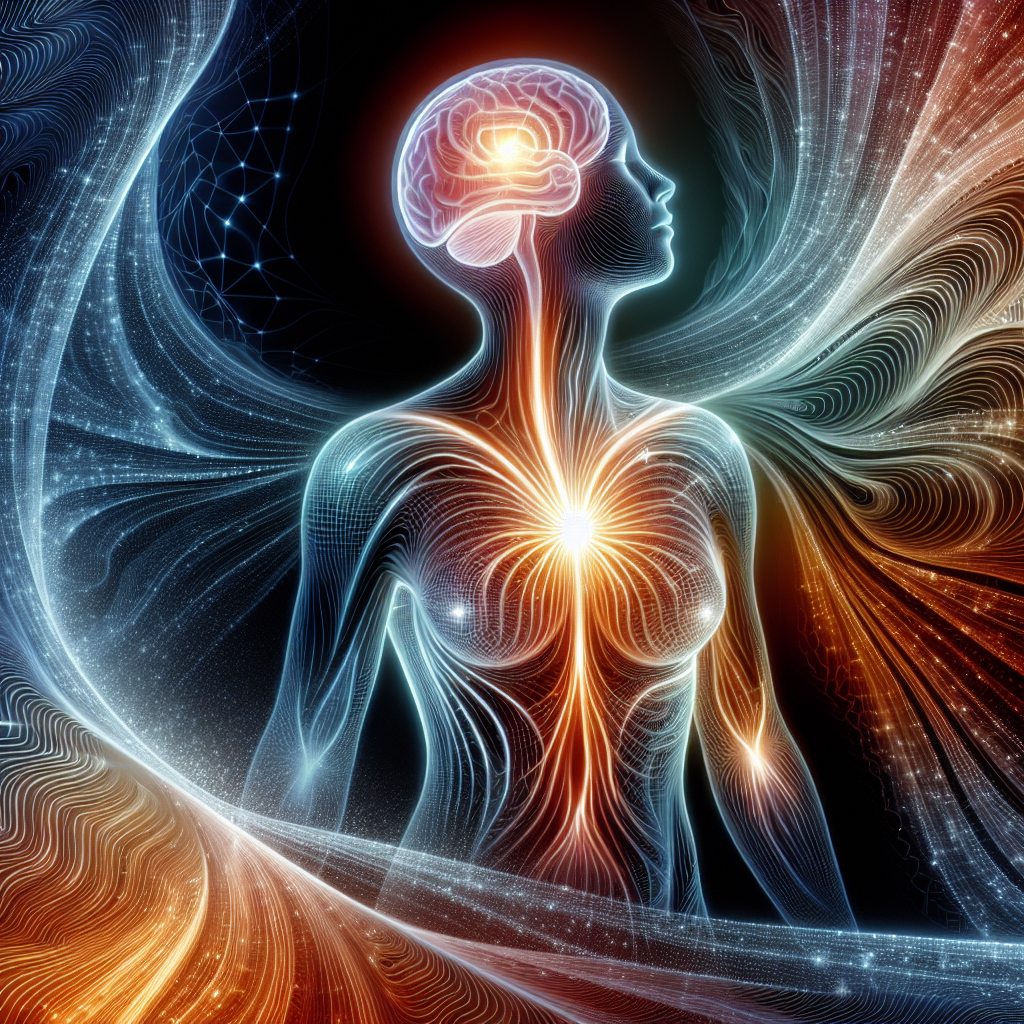 A conceptual and dynamic illustration showing the human body's internal energy transformation. Subtly glowing energy lines or a warm light emanate from the body's fat reserves (e.g., midsection), flowing upwards to illuminate a clear, focused brain. The background should suggest stability and sustained energy, perhaps with subtle, non-jagged wave patterns, symbolizing stable blood sugar and efficient fat burning. Use a blend of realistic and stylized elements, conveying mental clarity and physical vitality. High detail, vibrant yet harmonious colors.