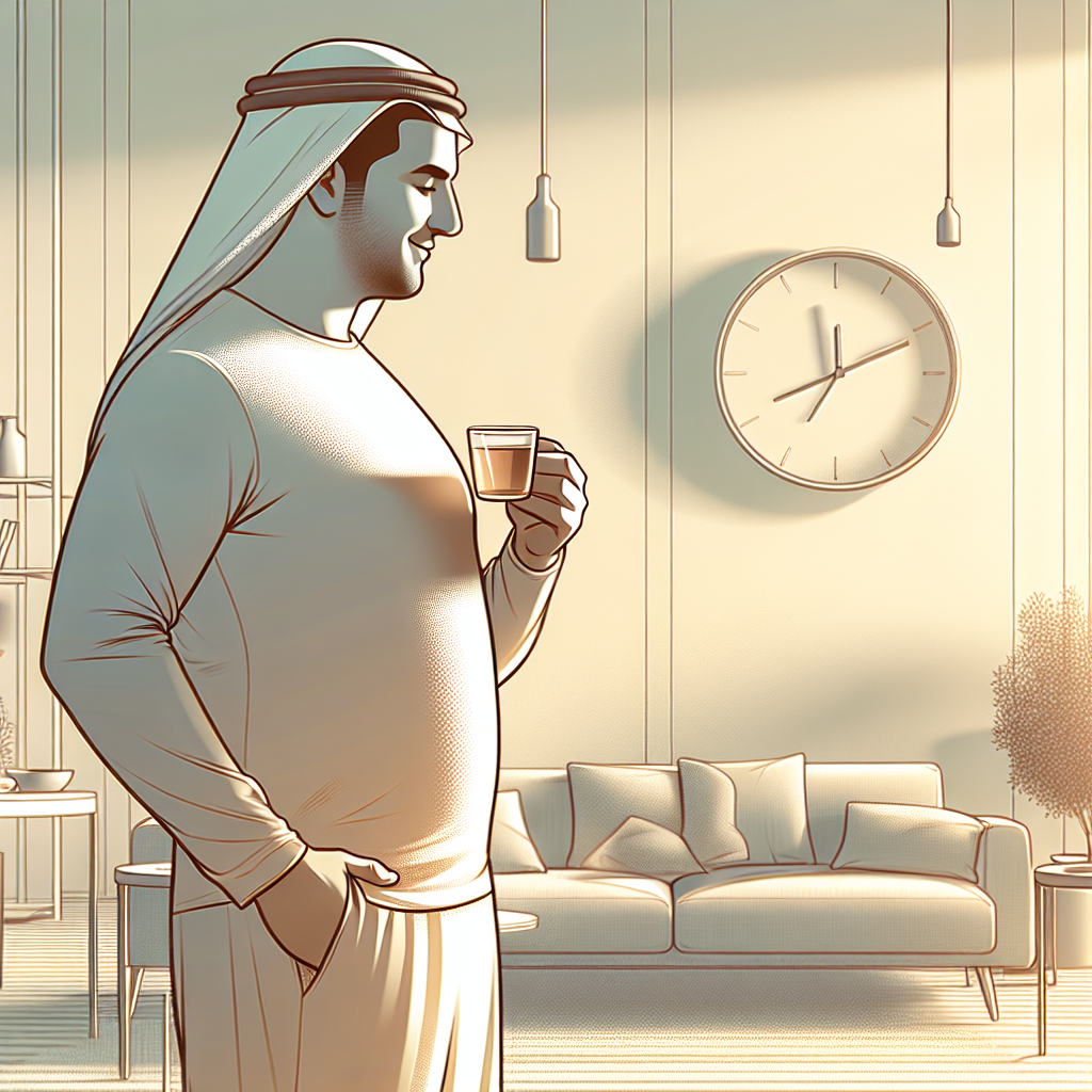 A serene, cozy scene in a modern, sunlit home. A content, healthy-looking person (gender-neutral, 30s-40s) is comfortably sitting or standing, perhaps enjoying a cup of herbal tea or a glass of water. They exude a sense of well-being and a slightly slimmer figure, achieved effortlessly. No sports equipment is visible. In the background, a minimalist wall clock subtly indicates timed eating. The atmosphere is calm, emphasizing easy, sustainable weight loss through intermittent fasting without exercise. High-quality photography, soft focus.