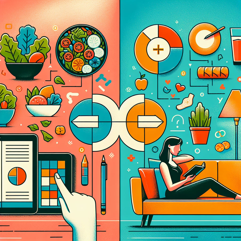 A conceptual illustration or stylized photograph. On one side, a simple, healthy meal (e.g., a vibrant salad or a balanced plate) is shown, representing mindful eating. On the other side, a person is relaxing on a couch or reading a book, clearly not engaged in physical activity. A graphic element like a subtle 'minus' sign or a descending arrow visually connects the mindful eating to weight loss, symbolizing the calorie deficit without the need for sport. The overall aesthetic is clean, modern, and encouraging, with a focus on ease and effective results. Bright, inviting colors.