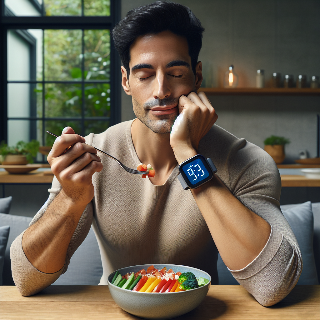 A person (gender neutral, mid-30s) calmly enjoying a healthy, fresh meal at a table in a bright, modern home setting. A subtle digital clock in the background shows a specific time within an eating window. The person looks relaxed and healthy, holding a fork with a piece of colorful food, and there is no sports equipment visible, emphasizing a lifestyle approach to weight loss without strenuous activity. Soft natural light, clean aesthetic, realistic photo.