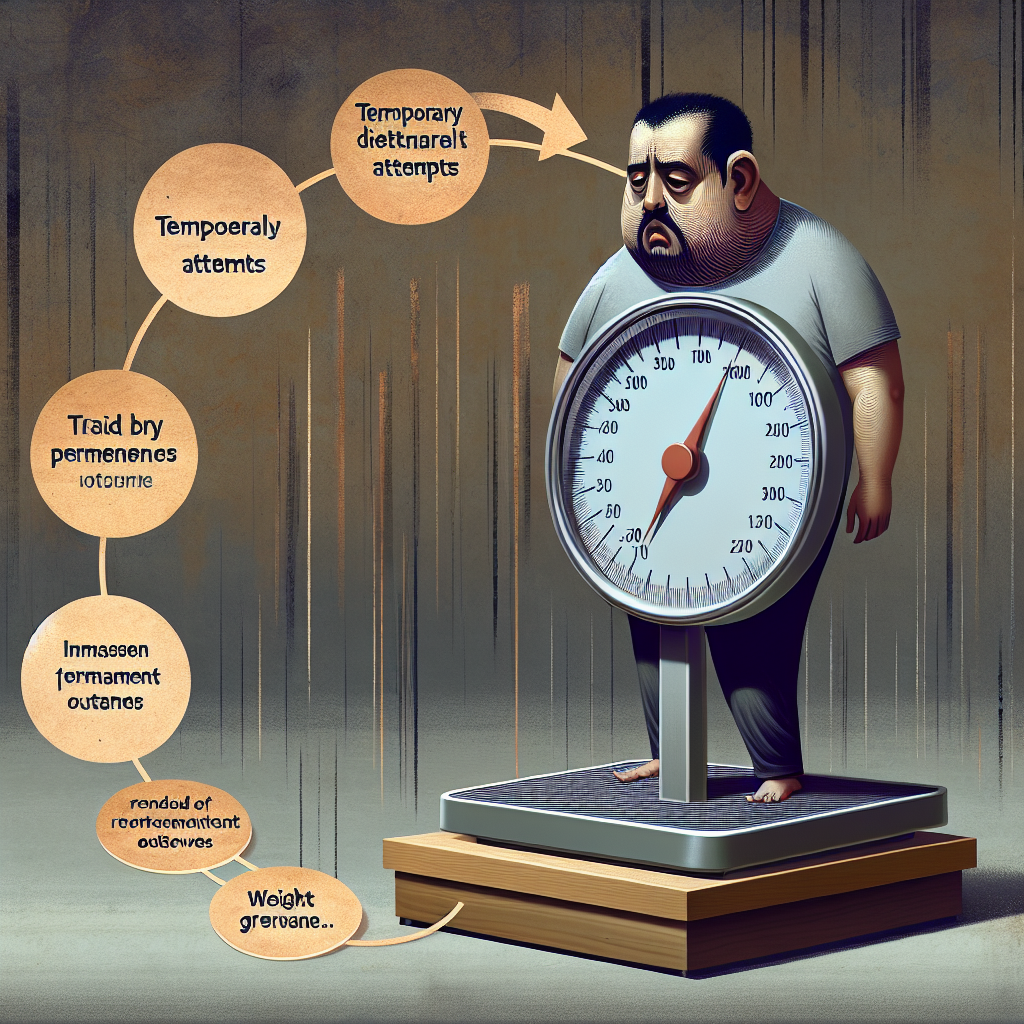 A vibrant digital illustration depicting the 'yo-yo effect' of dieting. A stylized person stands on a weighing scale, which is visually oscillating up and down like a yo-yo. The person's expression conveys frustration or weariness from repeated weight fluctuations. The background subtly illustrates a cycle of short-term dietary efforts followed by weight regain, using muted colors to emphasize the struggle and lack of lasting progress.