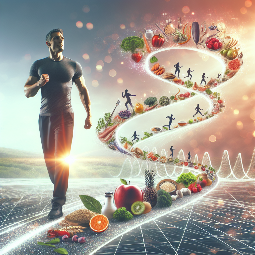 A bright and positive digital illustration representing sustainable, long-term weight management. A person is confidently walking on a steady, slightly upward-sloping path. The path itself is composed of visual elements of balanced, healthy food (fruits, vegetables, lean protein, whole grains). In the background, subtle hints of daily physical activity are shown, like a person walking in a park or stretching. The overall mood is one of calm success, stability, and enduring well-being, using clean lines and optimistic colors.