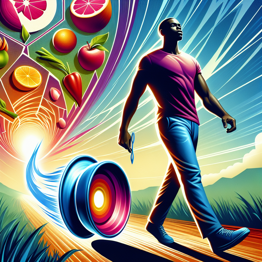 An empowering image of a person confidently stepping forward, leaving behind a broken or discarded yo-yo. The person embodies health and determination, walking towards a bright, open future with elements suggesting long-term well-being, such as a subtle background of balanced food choices or a serene natural path. The style is optimistic, vibrant, and modern, symbolizing freedom from the weight cycling of the Jojo-effect.