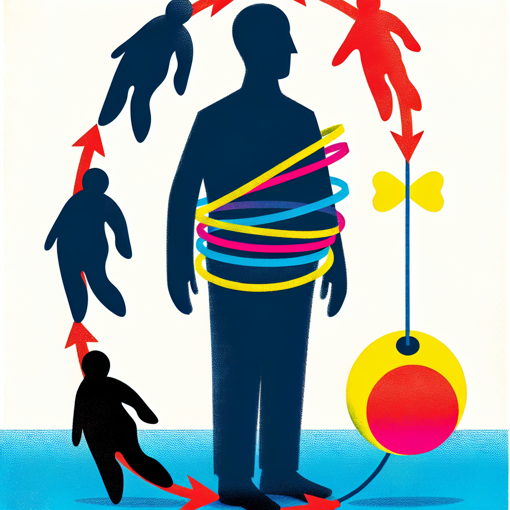 A metaphorical illustration of a human figure's silhouette with a brightly colored yo-yo string wrapping around their midsection, depicting the cycle of weight loss (down) and weight regain (up). The figure has a slightly frustrated expression. Clean background, illustrative style.