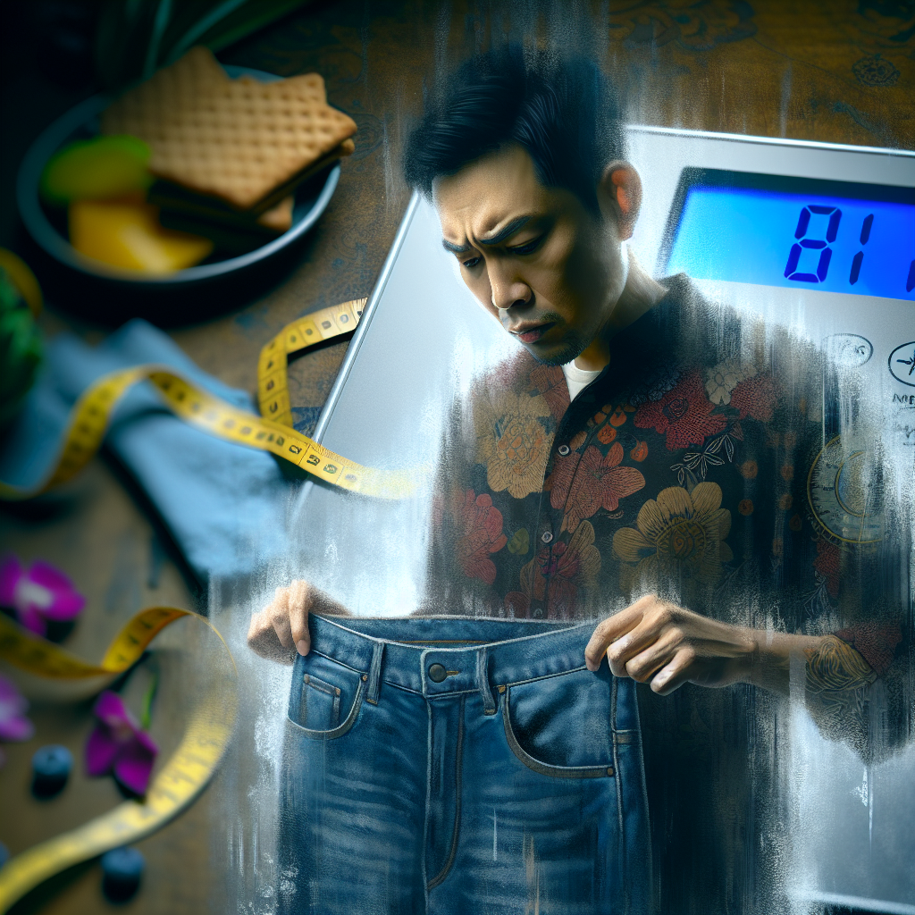 A person looking disappointed while holding a pair of jeans that are now too small, symbolizing the frustration of the 'Jojo Effekt' and regaining weight after a diet. In the background, blurred elements suggest past efforts (e.g., a scale or small meal portions). Realistic digital painting, emphasizing emotion.