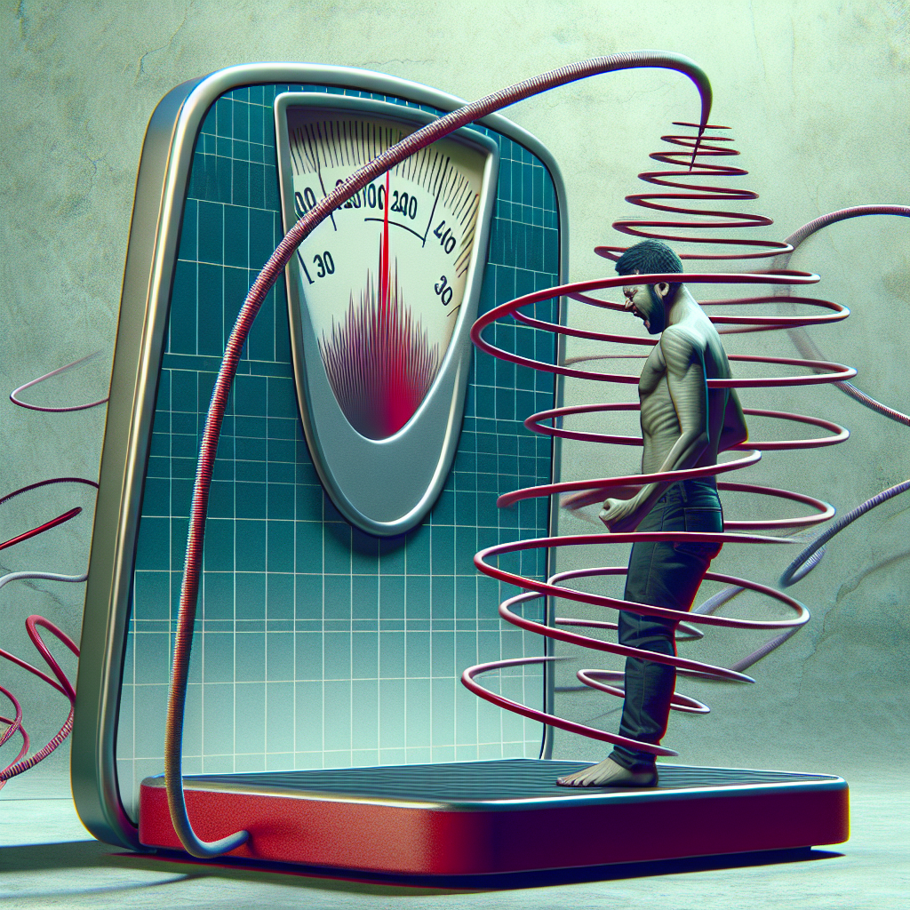 A person looking frustrated, standing on a bathroom scale, with the scale's display showing an abstract, rapidly fluctuating up-and-down graph instead of numbers. Around the person, a giant, stylized yo-yo is depicted, with its string winding and unwinding, visually representing the cyclical nature of weight loss and gain. The colors are muted, emphasizing the struggle and repetition. Conceptual, digital illustration.