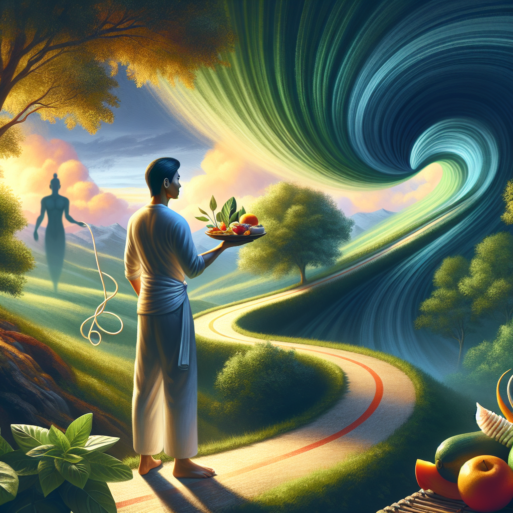 A calm and confident person standing on a winding, gentle path that ascends towards a bright, distant horizon. The path is surrounded by lush, green nature, symbolizing growth and health. The person is holding a small, balanced plate with colorful, healthy food (fruits, vegetables). In the background, a faint outline of a broken or untangled yo-yo string can be seen, symbolizing freedom from the yo-yo effect. The overall mood is serene, hopeful, and empowered, representing sustainable lifestyle change and lasting well-being. Warm, inviting lighting. Digital painting.