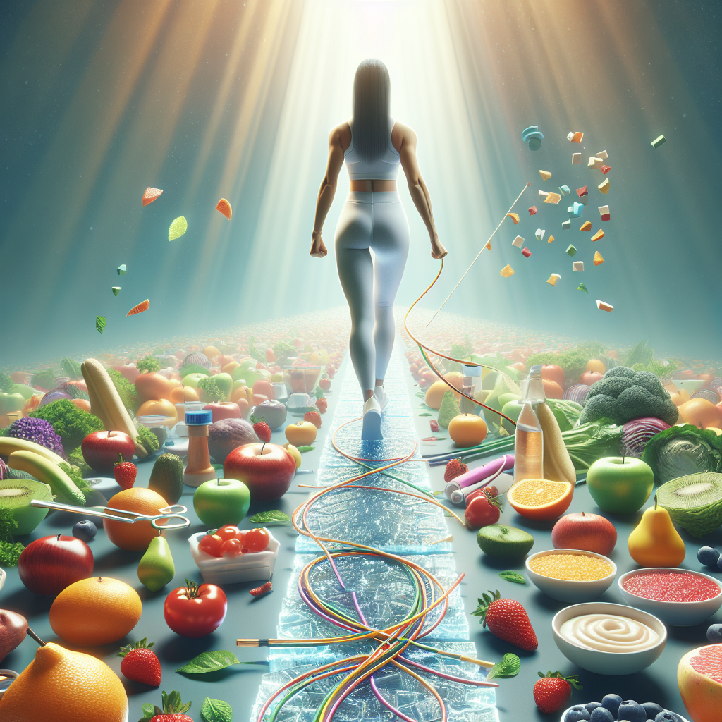A serene and empowered person confidently walking on a clear, stable path made of healthy food (fresh fruits, vegetables) and light exercise equipment (small weights, resistance bands). In the distance, a tangled, broken yo-yo string represents the 'yo-yo effect' being left behind. Bright, optimistic lighting, clean aesthetic. Realistic digital painting, conveying lasting progress and well-being.