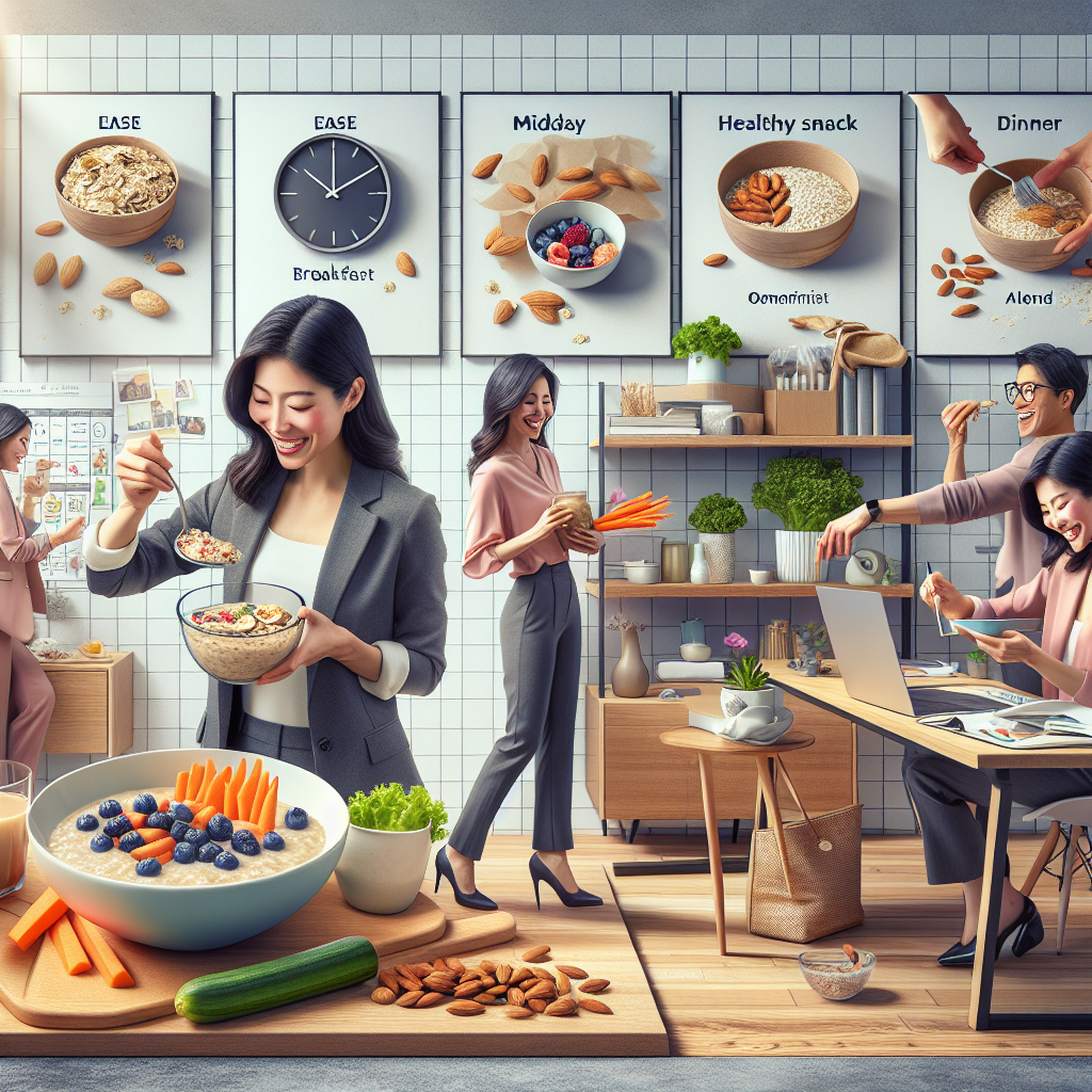 A vibrant, positive image illustrating easy calorie-saving tips in daily life. Show a diverse person effortlessly making healthy food choices throughout their busy day: a balanced breakfast (e.g., oatmeal with fruit) in a bright kitchen, a healthy snack (e.g., veggie sticks, nuts) at a modern office desk, and a smart meal choice while on the go. Emphasize practicality, simplicity, and well-being, not deprivation. The overall aesthetic should be clean, modern, and inviting, with a focus on fresh ingredients and conscious decisions. Realistic photographic style.