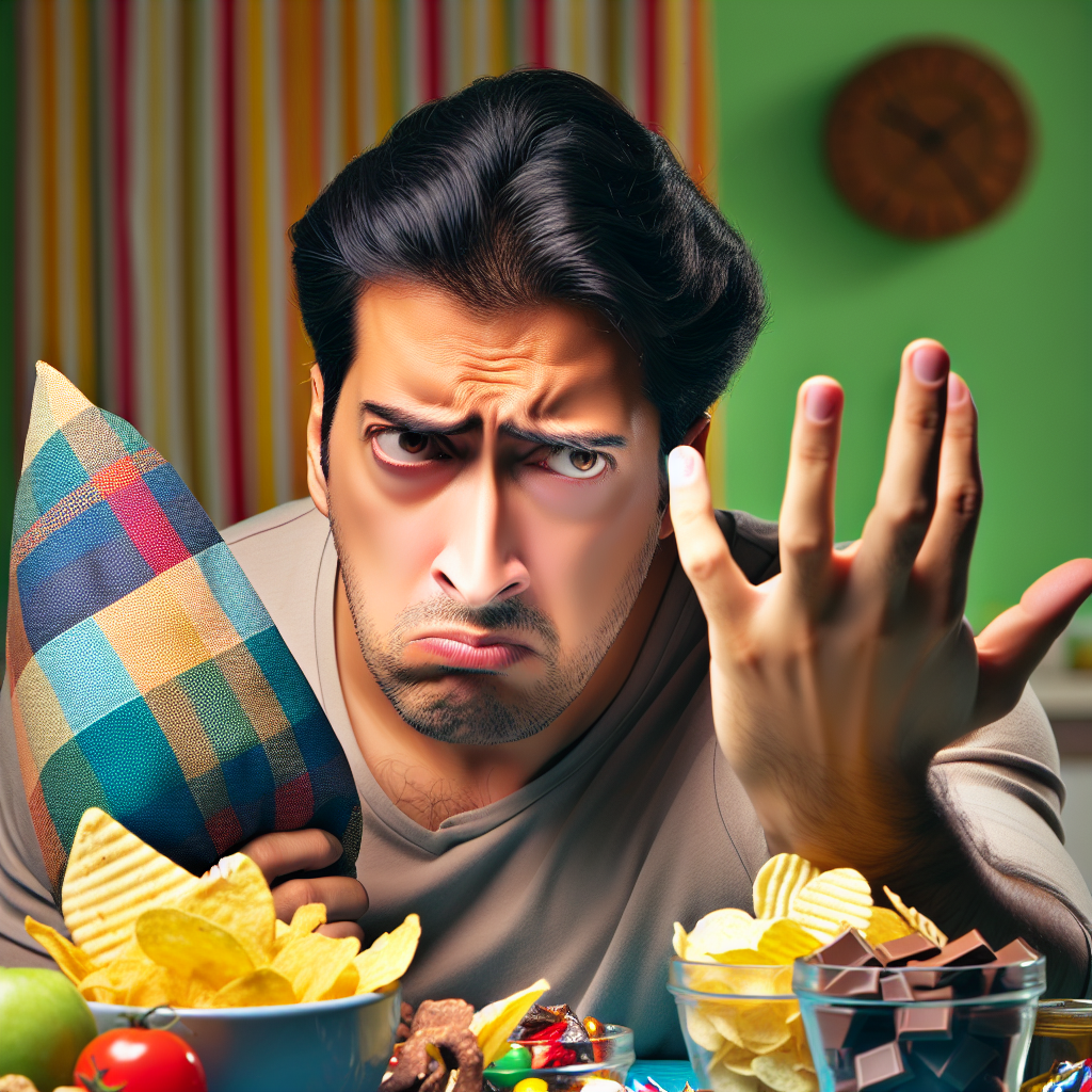 A person with a conflicted, frustrated expression, struggling to resist a strong craving for a spread of tempting, unhealthy snacks like chocolate, potato chips, and candy. Their hand is hovering over the food or pulling away, illustrating an internal battle. The setting is a cozy home kitchen. Realistic style, vibrant colors.