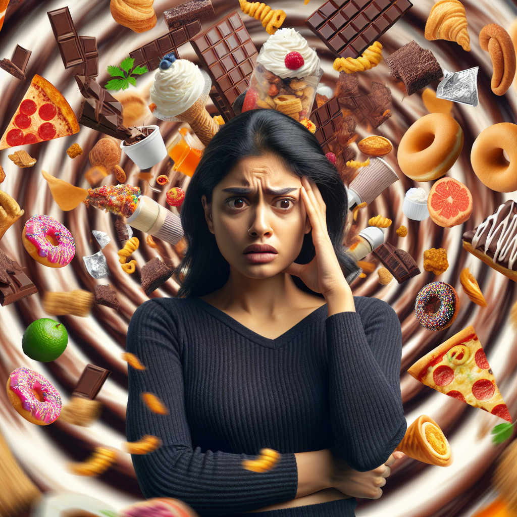 A person with a frustrated and overwhelmed expression, holding their head, with a palpable sense of internal struggle. Around them, an alluring and chaotic vortex of highly detailed, tempting unhealthy foods like chocolate bars, donuts, pizza slices, and salty snacks is swirling, as if inescapable. The scene conveys the feeling of being unable to resist or stop strong cravings. Modern, clean blog post style with a focus on emotion.