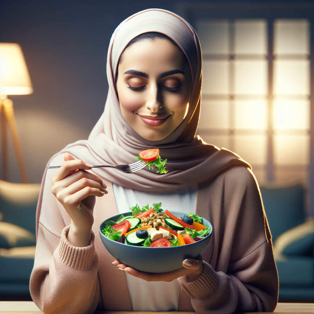 A person, looking healthy and content, enjoying a vibrant and nutritious meal (like a colorful salad with lean protein and fresh vegetables) in a relaxed home setting. No sports equipment or gym environment is visible. The scene emphasizes mindful eating and a peaceful approach to well-being, conveying the idea of successful weight management through diet rather than strenuous exercise. Soft, inviting lighting.