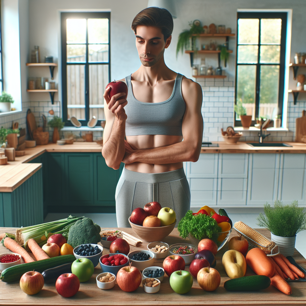 A content person, gender-neutral, stands in a bright, modern kitchen, holding a healthy snack like an apple or a bowl of berries. The kitchen counter is filled with an inviting spread of colorful, fresh, unprocessed foods: vibrant vegetables, fruits, and lean proteins. There is absolutely no gym equipment, sports gear, or workout clothing visible anywhere in the scene. The atmosphere is calm and focused on healthy eating and a balanced lifestyle, suggesting successful weight management without exercise. Realistic style, natural lighting.