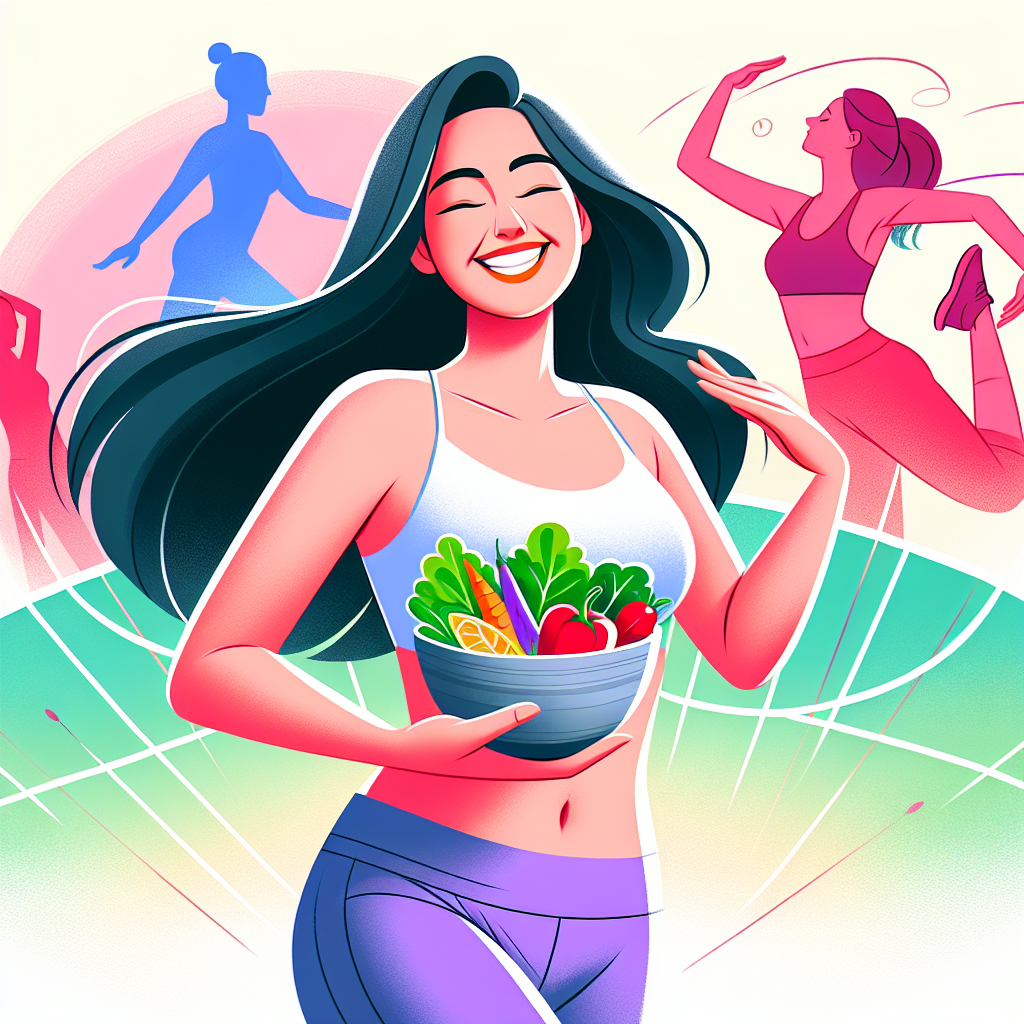 A vibrant and encouraging illustration of a person, feeling confident and energetic, subtly showing a healthier waistline. They are happily holding a bowl of fresh, colorful salad, with elements of gentle exercise (like yoga or light stretching) visible in the background, hinting at a balanced lifestyle. The scene is bright and optimistic, emphasizing health, progress, and sustainable well-being, rather than quick fixes. Use a modern, clean illustration style.