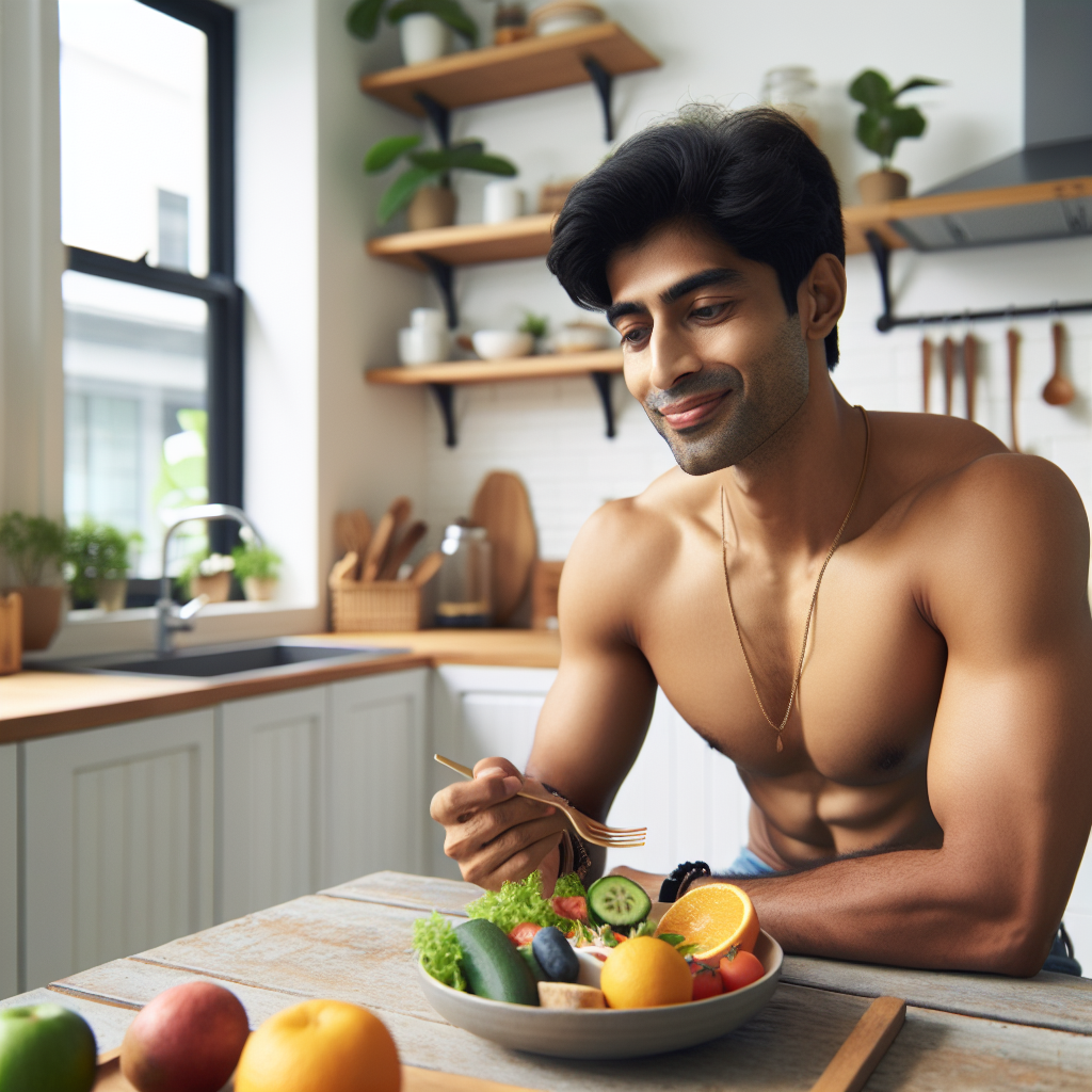 A person with a visibly flatter stomach is calmly enjoying a healthy, colorful meal at home, perhaps in a bright kitchen or living room. The scene emphasizes a relaxed, mindful lifestyle and healthy eating habits, with no gym equipment or active exercise visible. Focus on a warm, inviting atmosphere and the joy of wholesome living rather than strenuous physical activity.