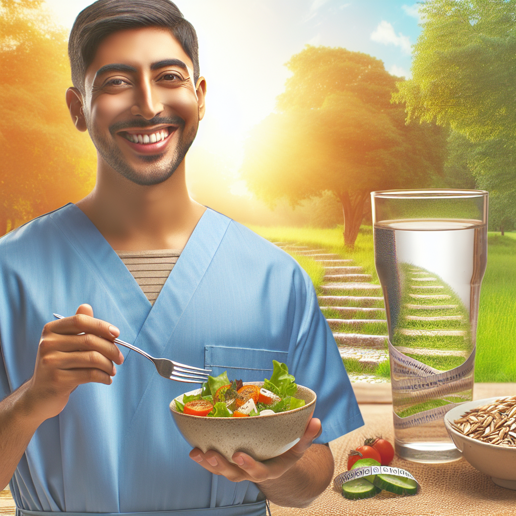 A radiant, healthy-looking person, smiling contentedly while enjoying a small, balanced, and colorful meal (e.g., a fresh salad with whole grains) and a refreshing glass of water. In the background, subtle elements suggest gentle, everyday activity like a sunny park path or a staircase, symbolizing sustainable lifestyle changes for weight loss without strict dieting. The image should evoke feelings of ease, enjoyment, and natural well-being, with warm, inviting colors and a realistic style.