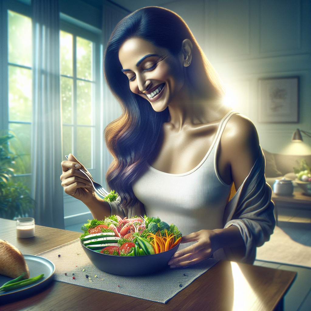 A happy, healthy-looking person, not wearing workout clothes, smiling gently while enjoying a balanced, colorful meal (e.g., a vibrant salad with lean protein and fresh vegetables) in a bright, modern kitchen or dining setting. The atmosphere is calm and focused on mindful eating, emphasizing weight loss through nutrition rather than exercise. Soft, natural lighting. Realistic, detailed.