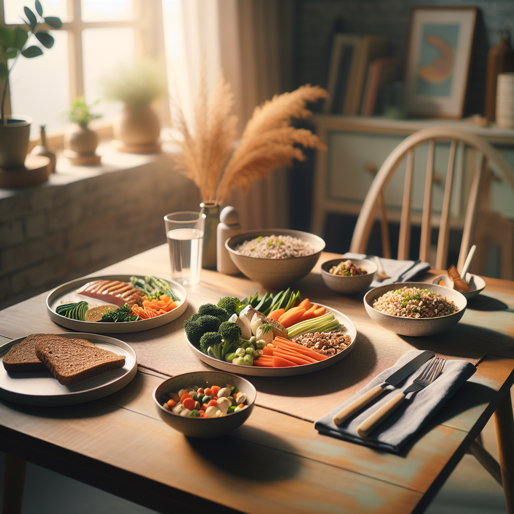 A beautifully plated, healthy and colorful meal, featuring fresh vegetables, whole grains, and a lean protein, set on a simple dining table in a cozy home environment. There are no signs of exercise or gym equipment in the background, subtly conveying weight loss through nutrition and mindful eating. Soft, natural lighting.