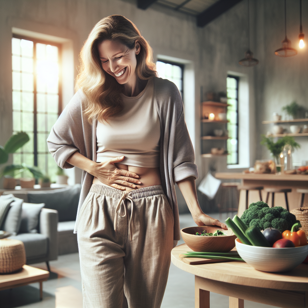 A person (gender neutral, mid-30s) looking happy and confident, gently touching their slightly flatter stomach, wearing comfortable, casual clothes. They are in a bright, modern kitchen or living room, with a bowl of fresh fruit, vegetables, or a glass of water on a table nearby. The overall atmosphere is calm and serene, emphasizing health and well-being achieved through mindful living, not strenuous physical activity. Soft lighting, warm tones, natural, healthy look.