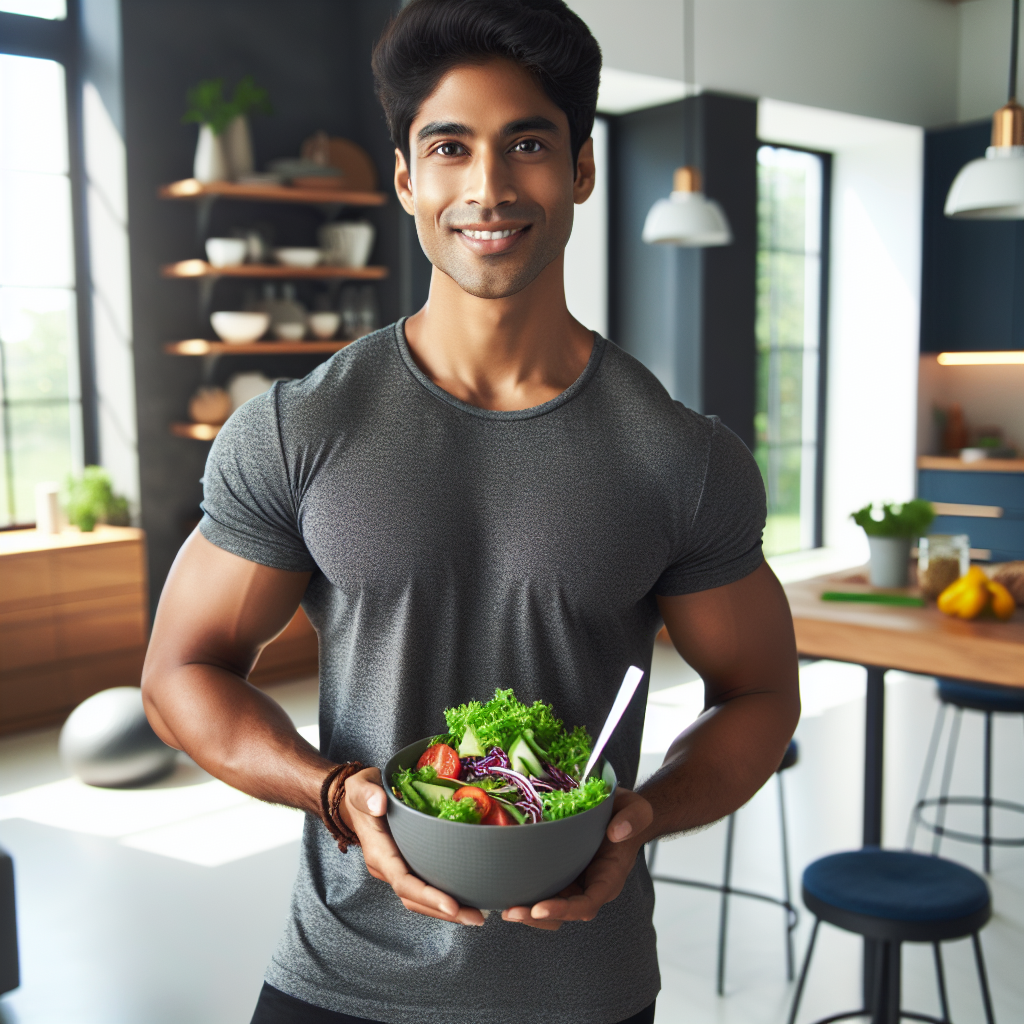 A person (gender-neutral, with a healthy and energetic appearance, dressed in casual everyday clothes, not sportswear) smiling confidently while holding a vibrant bowl of fresh salad in a brightly lit modern kitchen. There are no sports items or exercise equipment visible. The emphasis is on a positive, mindful lifestyle and healthy eating habits in a calm, domestic setting. Natural lighting, high-resolution photo.
