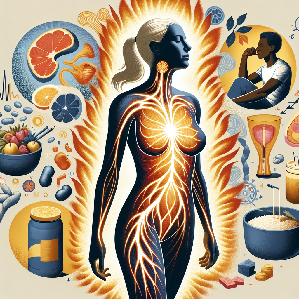 A vibrant and dynamic image symbolizing a boosted metabolism. A person, full of energy and vitality, is depicted with subtle, glowing energy pathways flowing through their body. Surrounding them are abstract visual elements representing key lifestyle factors: stylized muscle fibers, healthy food icons, a representation of restful sleep, and a person engaging in light exercise. The overall aesthetic should be modern, clean, and optimistic, with a focus on internal body processes and energy transformation. Digital art, inviting colors.