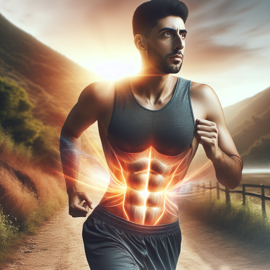A fit person jogging with a determined expression on a scenic path at sunrise, with a subtle, ethereal effect around their midsection indicating the transformation of belly fat into energy and fitness. Realistic, inspiring style.