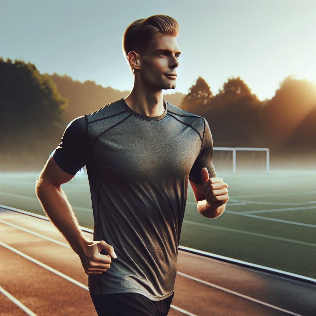 A determined and energetic person, gender-neutral, running effortlessly on an outdoor track or park path, with a focused yet positive expression. Their body shows a lean and fit physique, subtly emphasizing the benefits of exercise. The background is bright and encouraging, perhaps with morning light, symbolizing a fresh start and progress towards losing belly fat and achieving fitness goals. The overall style is realistic and inspiring.