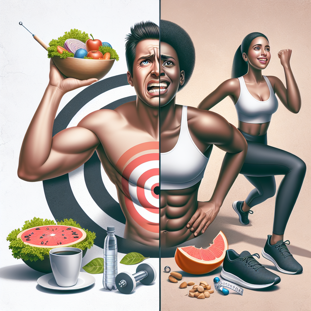 A conceptual split image illustrating the myth of 'spot reduction' versus effective fat loss strategies. On one side, a person is intensely doing abdominal crunches with a target symbol placed directly on their belly, looking frustrated or ineffective. On the other side, elements symbolizing a holistic approach: a balanced plate of healthy food, running shoes, and a person generally active and joyful, perhaps doing a full-body exercise or walking. The style is modern, clean, and slightly illustrative, emphasizing the contrast between targeted (ineffective) and comprehensive (effective) approaches. Neutral, light background.