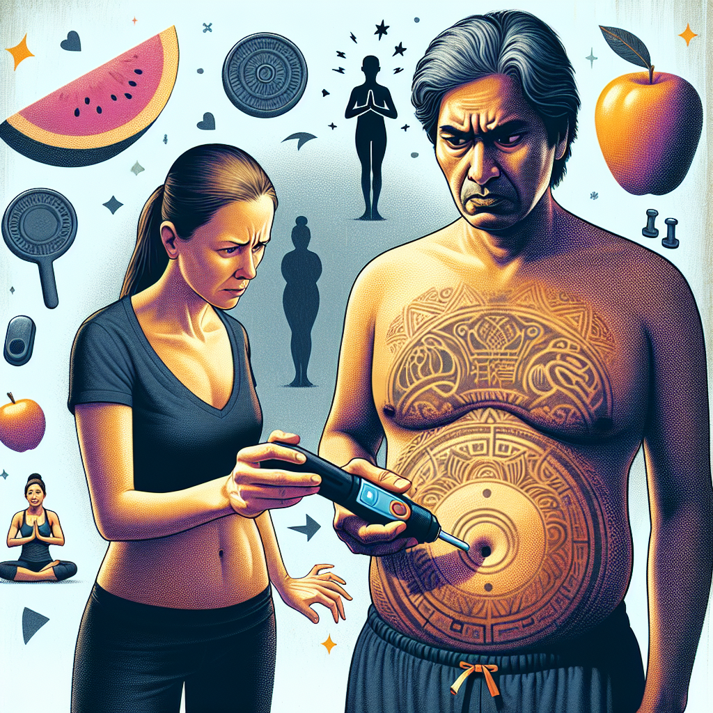 A person with a determined but slightly confused expression, trying to remove fat from only their belly using a small, whimsical, and ineffective tool (like a tiny precision-laser pointer or a mini-eraser) aimed specifically at their midsection. In the background or subtly integrated, there are faint visual cues suggesting overall body health and holistic well-being, symbolizing that fat loss is a full-body process. The style is clean, modern, and illustrative, conveying the concept of the 'spot reduction myth' visually.