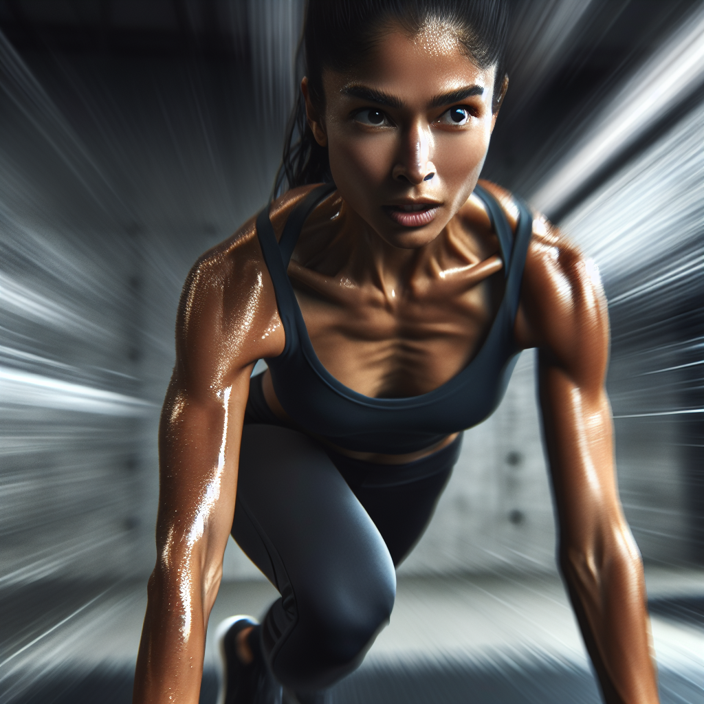 A powerful and determined person intensely exercising, mid-stride in a vigorous run or mid-rep in strength training, with visible sweat and focus. The background is a dynamic blur of motion or a minimalist fitness environment. The image emphasizes physical exertion and the burning of calories through activity, with absolutely no food or diet-related elements present.