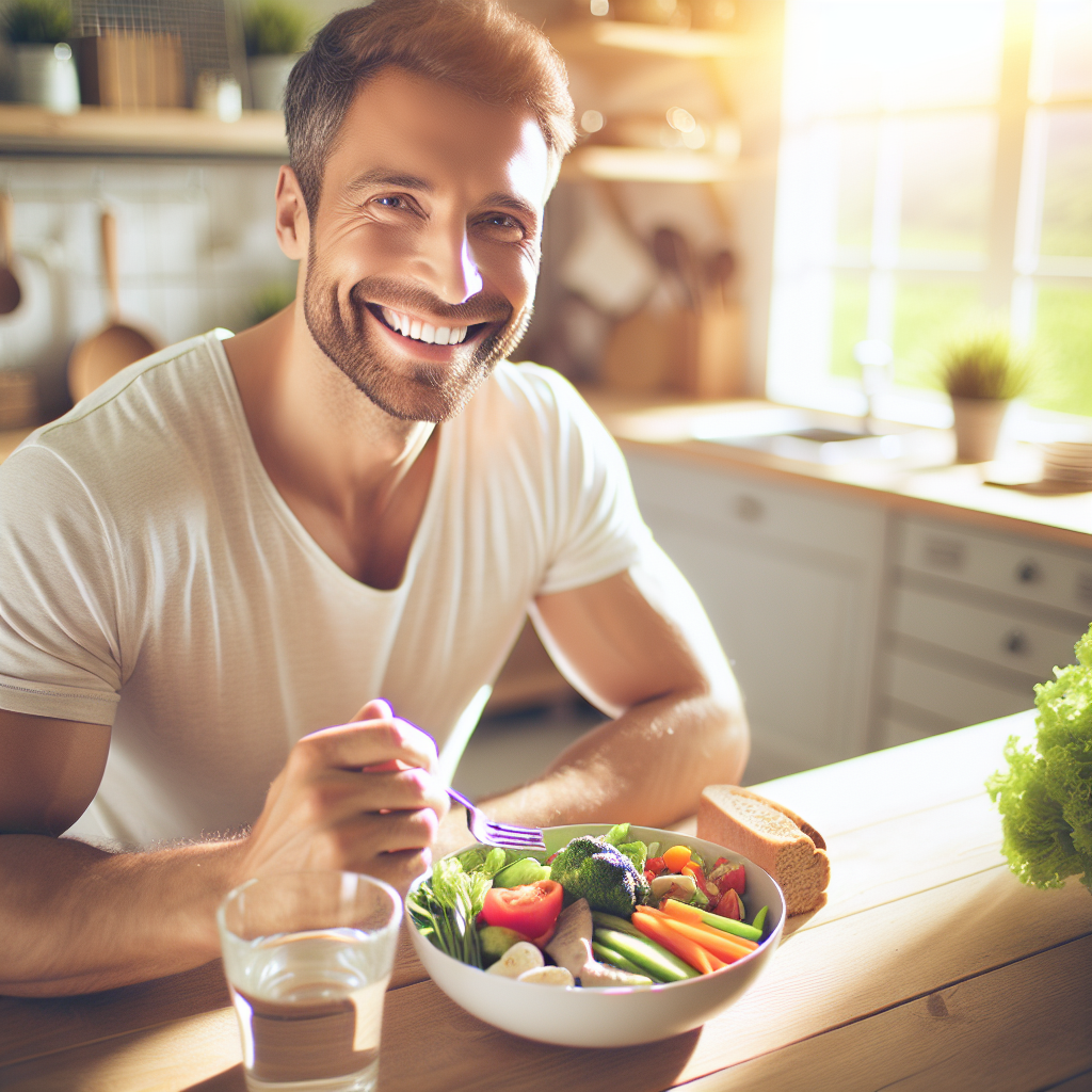 A happy person in their 30s enjoying a colorful, well-balanced meal with a variety of fresh vegetables, lean protein, and whole grains. They are smiling contentedly, perhaps having a glass of water or a healthy beverage. The setting is a bright, cozy kitchen with natural light. The overall mood is one of satisfaction, enjoyment, and freedom from restriction, emphasizing healthy eating without deprivation. Realistic photo style, high detail.