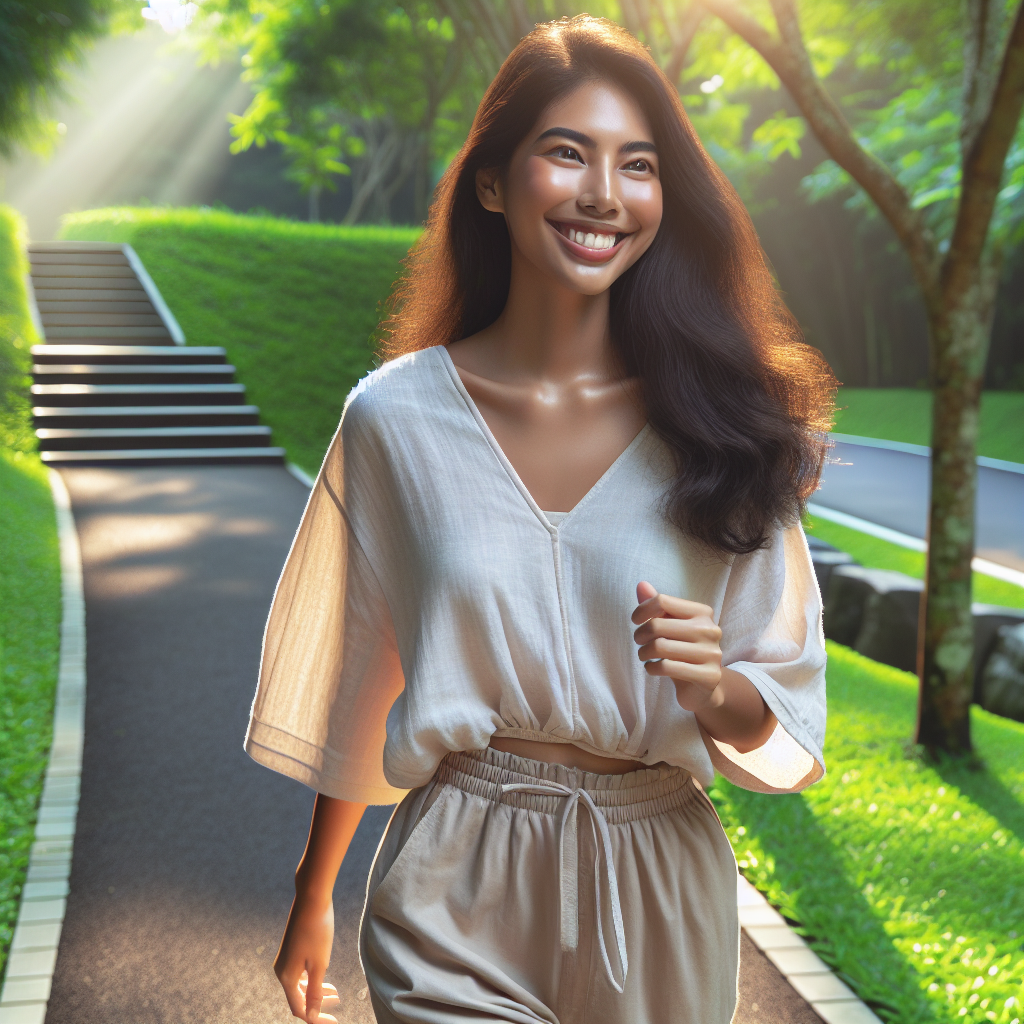 A person taking a leisurely walk up a sunlit path in a park, looking refreshed and joyful. They are wearing comfortable everyday clothes. In the background, there's lush greenery and a gentle upward slope, symbolizing natural movement and progress without intense effort. The image conveys a sense of well-being, easy integration of activity into daily life, and a balanced approach to health. Realistic photo style, bright and inviting.