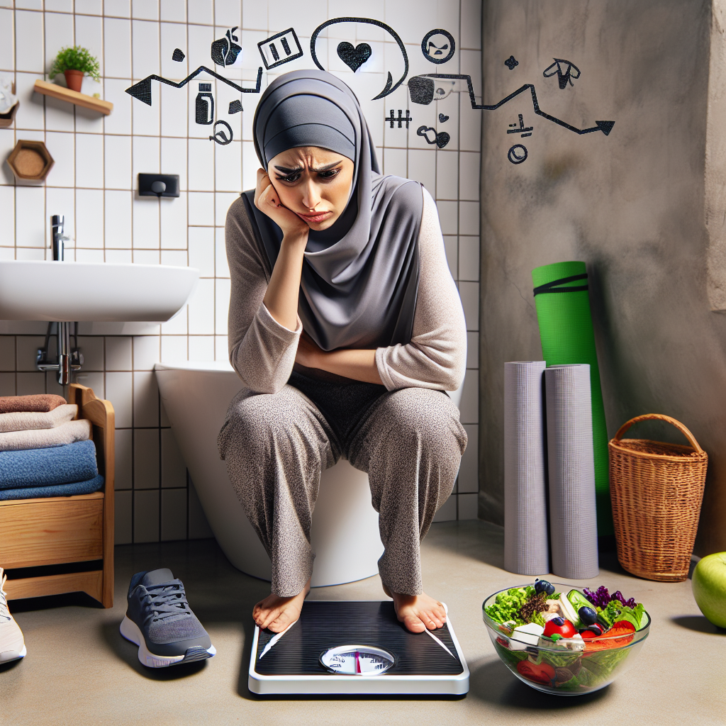 A person with a frustrated expression standing on a bathroom scale, which shows no change in weight. Around them, there are clear visual cues of consistent efforts: a meticulously prepared healthy meal (e.g., a vibrant salad), running shoes, and a yoga mat. The setting is bright and clean, emphasizing effort versus stagnant results. Realistic photograph, studio lighting.