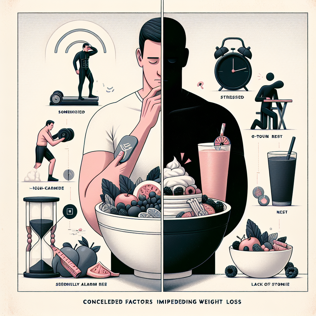 A conceptual illustration depicting the hidden factors hindering weight loss. One side subtly shows a person diligently exercising and eating a balanced meal. The other side subtly reveals common saboteurs: a person's shadow looking stressed, an alarm clock indicating sleep deprivation, and a plate with a seemingly healthy but calorically dense food (e.g., a large smoothie bowl with excessive toppings). The style is modern, infographic-like, with a slightly somber yet insightful mood. Digital art, clean lines, symbolic representation.