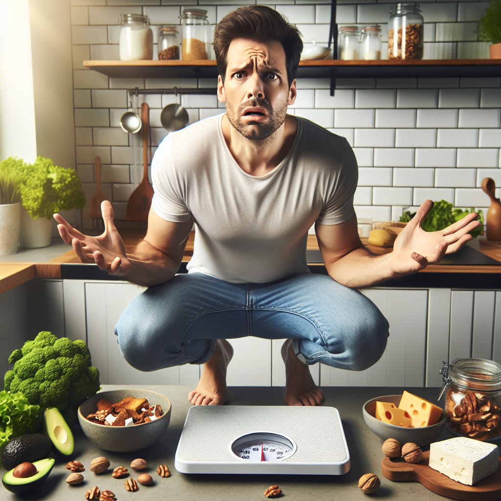 A person with a frustrated or confused expression standing on a bathroom scale, which shows an unchanging weight. In the background, a clean kitchen counter displays a variety of typical low-carb foods like avocado, cheese, nuts, and grilled chicken. The scene conveys a sense of stagnant progress despite effort. Soft, natural lighting.